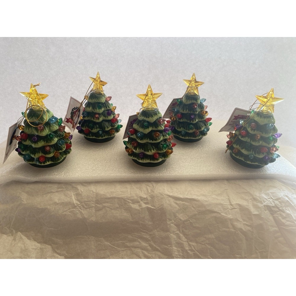 Vintage Mr. Christmas Lit Mini 4" Green Christmas Tree Ornaments Set of 5 NIB